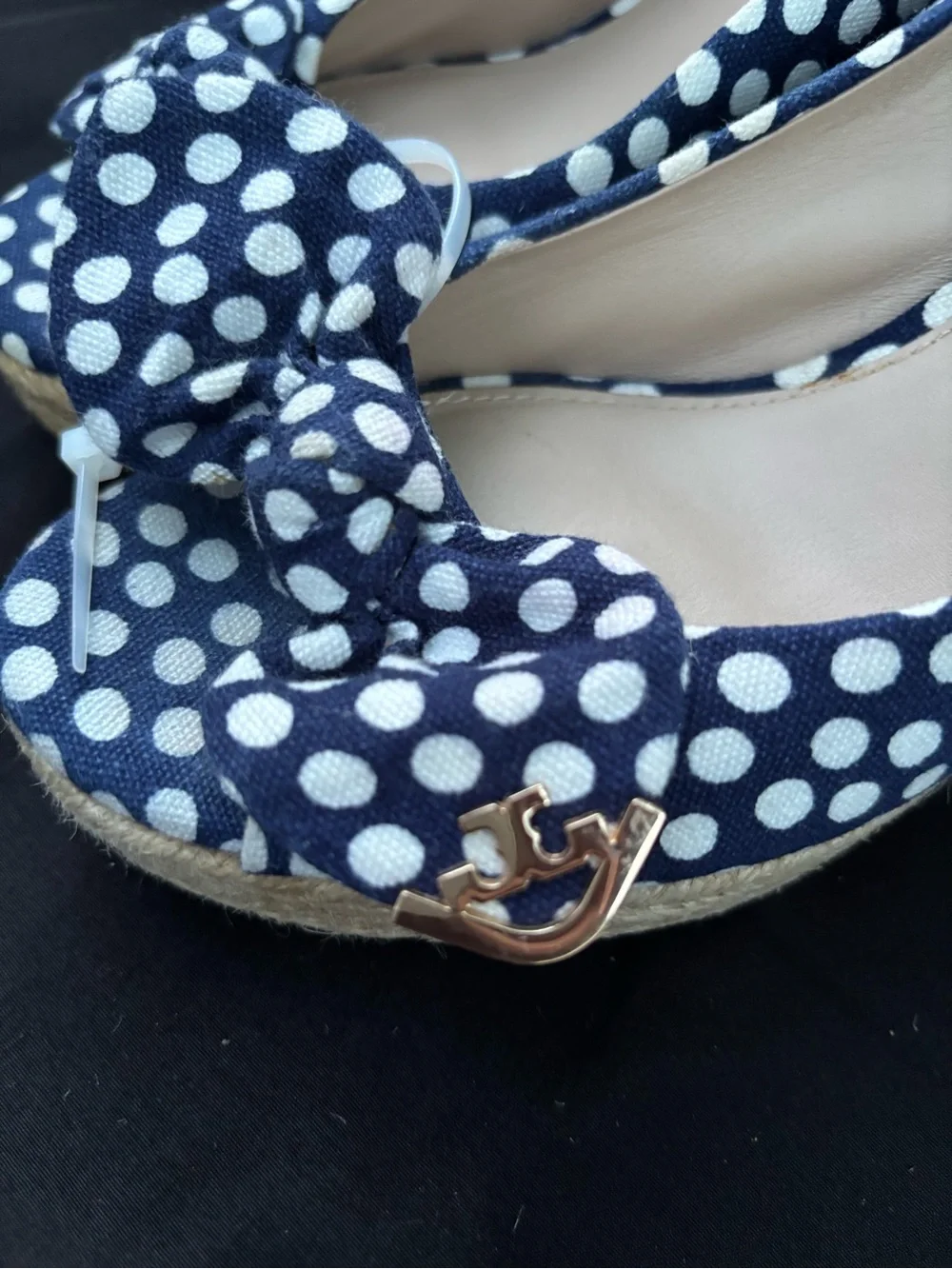 Tory Burch Navy and White Polka Dot Bow Peep-Toe Heels